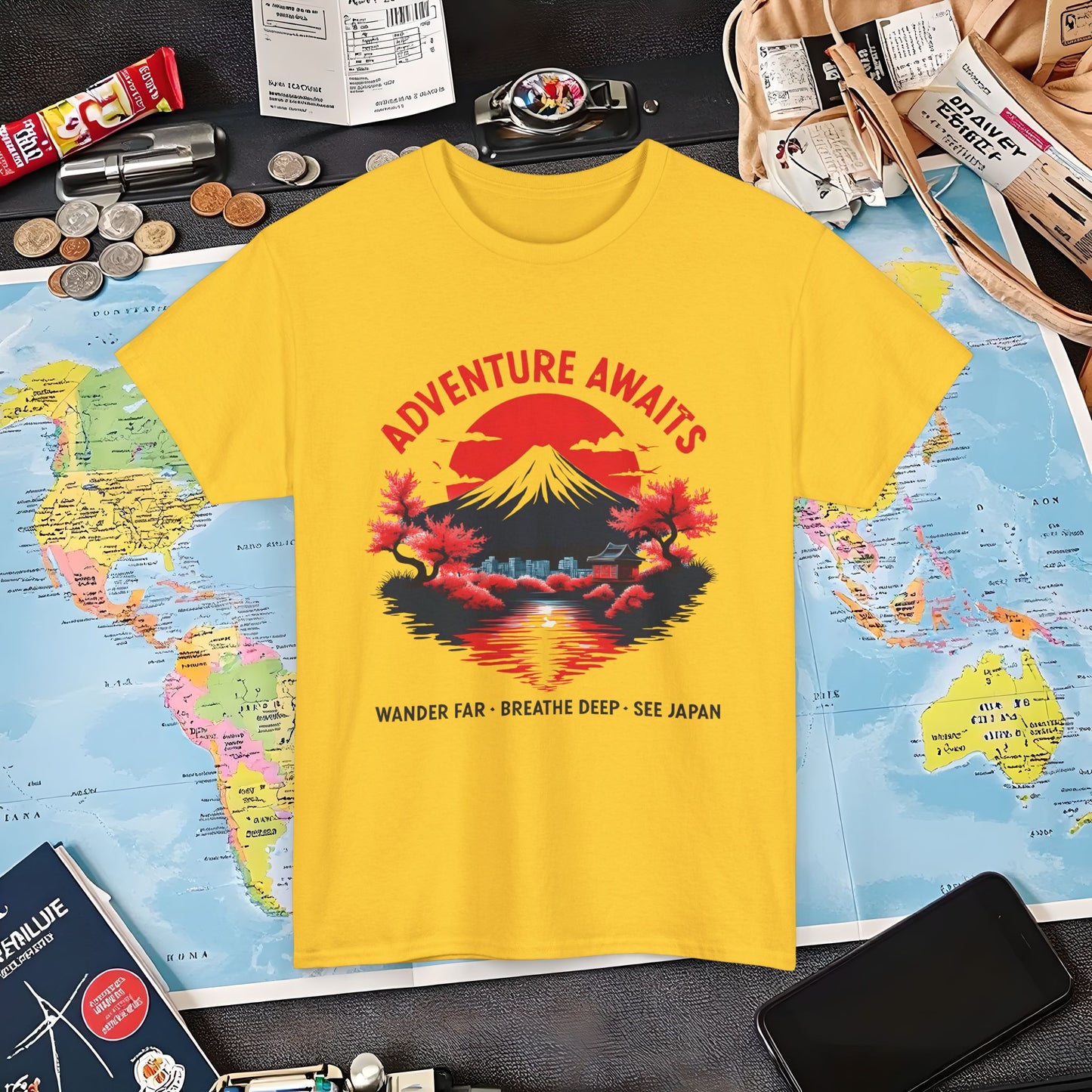 Adventure Awaits – Wander Far, Breathe Deep, See Japan T-Shirt – Scenic Mountain Escape Design Air Travel T-Shirts | Jetsetter, Airport, and International Flight Tees