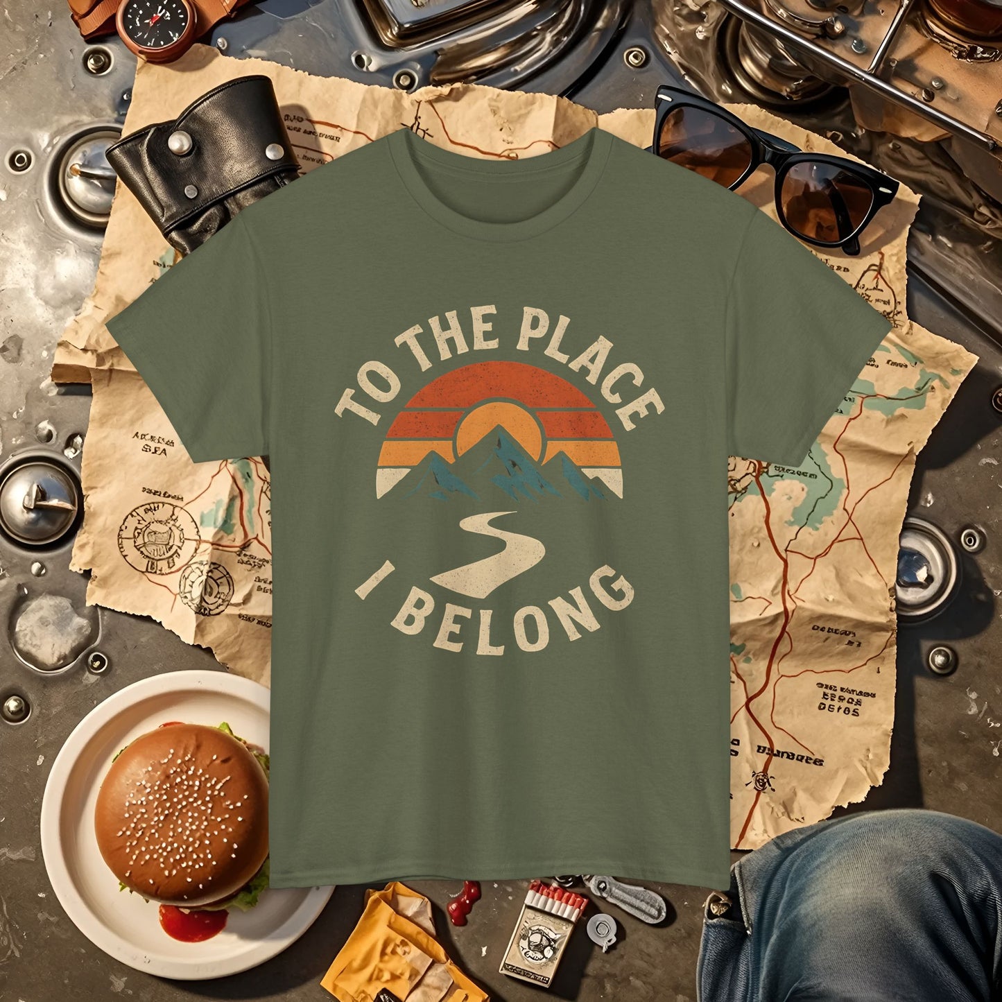 To the Place I Belong T-Shirt – Retro Sunset Mountain Road Travel Badge Road Trip & Vehicle Travel T-Shirts | Car, RV, and Motorcycle Adventure Tees
