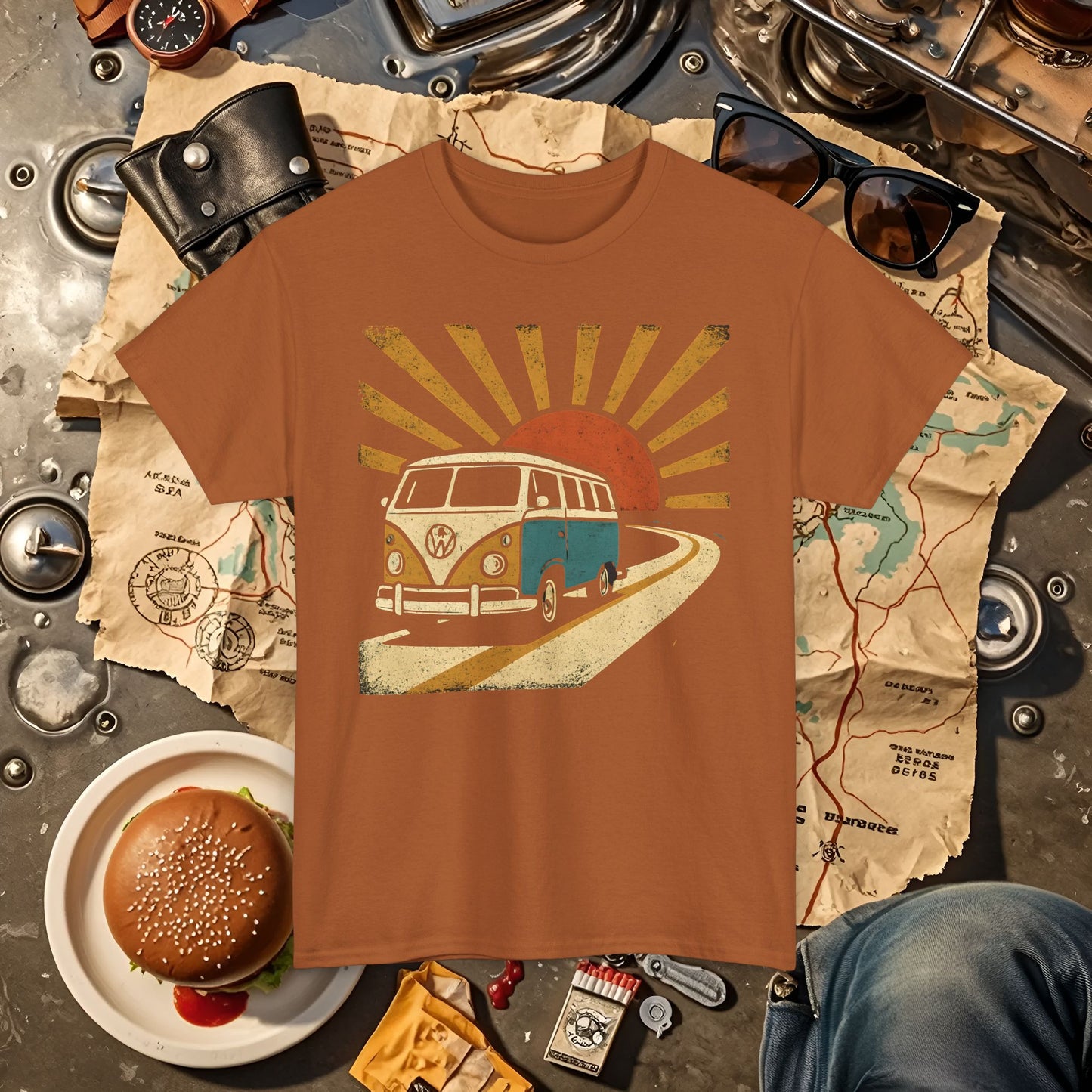 Sunset Road Trip T-Shirt – Vintage VW Van Adventure Design