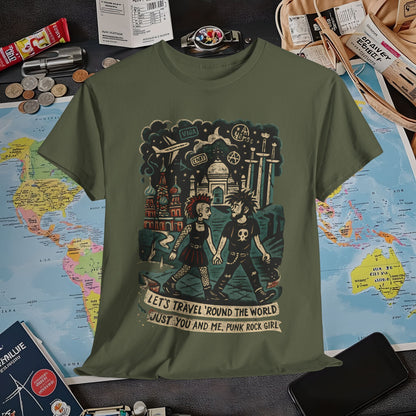 Let’s Travel 'Round the World, Just You and Me – Punk Rock Girl Global Adventure Tee Air Travel T-Shirts | Jetsetter, Airport, and International Flight Tees