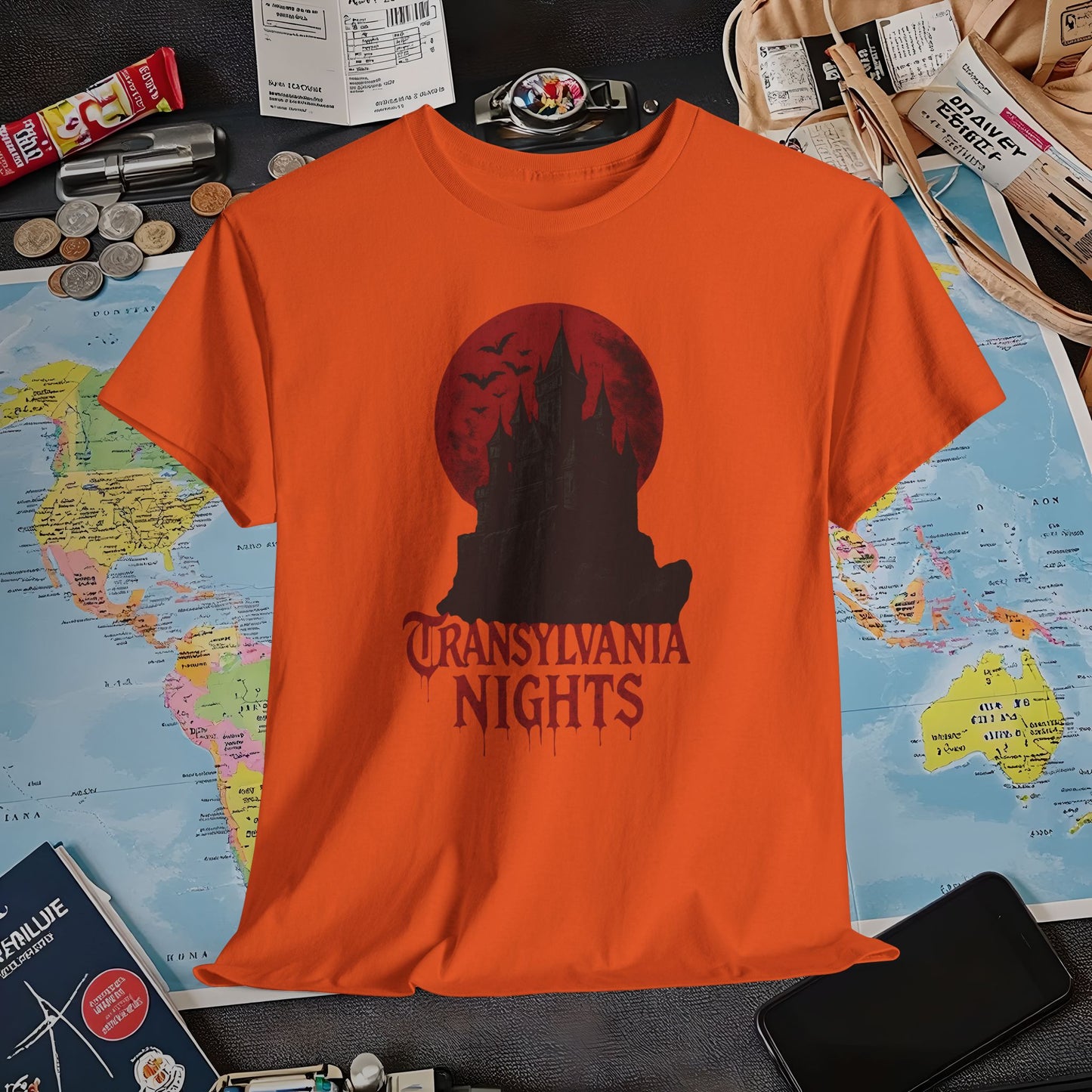Transylvania Nights Tee – Gothic Castle Under Crimson Moon | Layover Club Air Travel T-Shirts | Jetsetter, Airport, and International Flight Tees