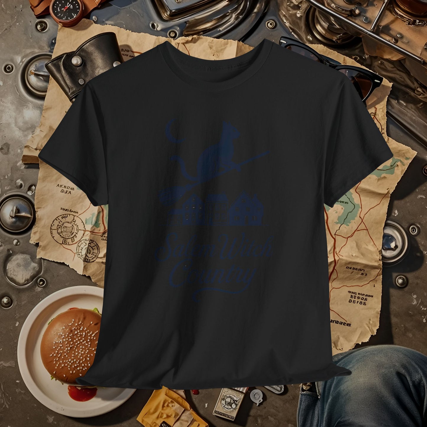 Midnight Cat on Broom – Salem Witch Country Silhouette Tee | Car, RV, and Motorcycle Adventure Tees