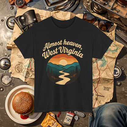 Almost Heaven, West Virginia T-Shirt – Vintage Appalachian Sunset with Winding River Road Trip & Vehicle Travel T-Shirts | Car, RV, and Motorcycle Adventure Tees