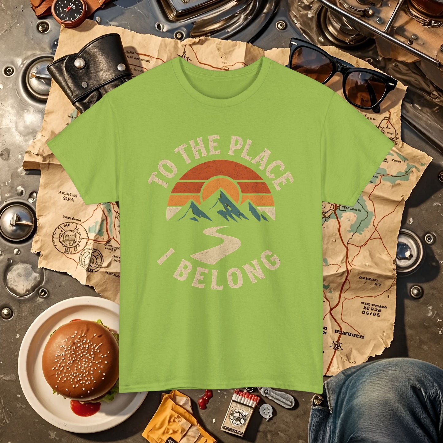 To the Place I Belong T-Shirt – Retro Sunset Mountain Road Travel Badge Road Trip & Vehicle Travel T-Shirts | Car, RV, and Motorcycle Adventure Tees