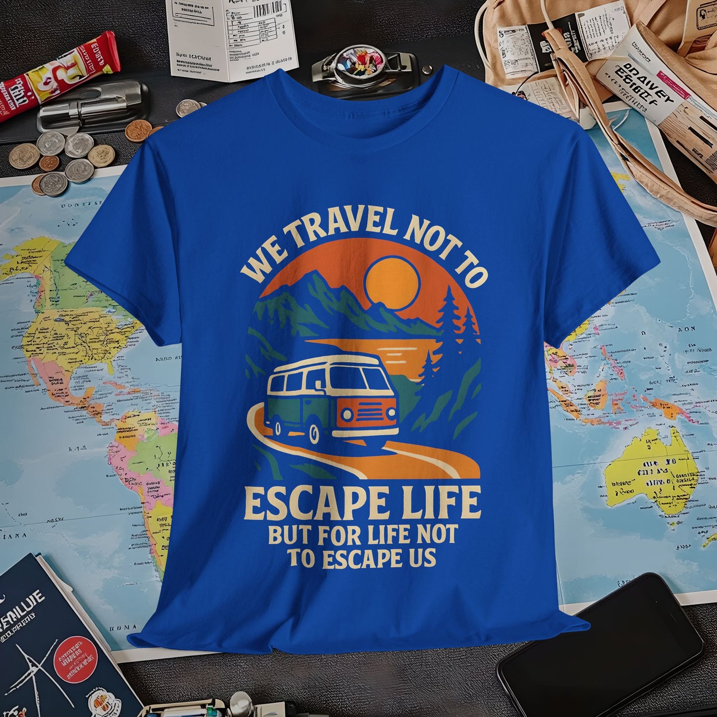 Travel Not to Escape Life – Retro Van & Sunset Road Adventure Tee | Layover Club Air Travel T-Shirts | Jetsetter, Airport, and International Flight Tees