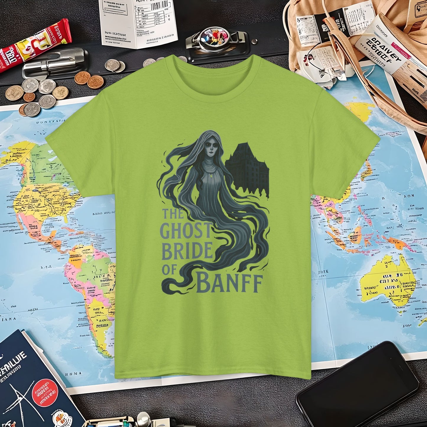 Ghostly Bride at Banff Springs Hotel Shirt – Haunted Canadian Hotel Dark Tourism Tee | Layover Club Air Travel T-Shirts | Jetsetter, Airport, and International Flight Tees