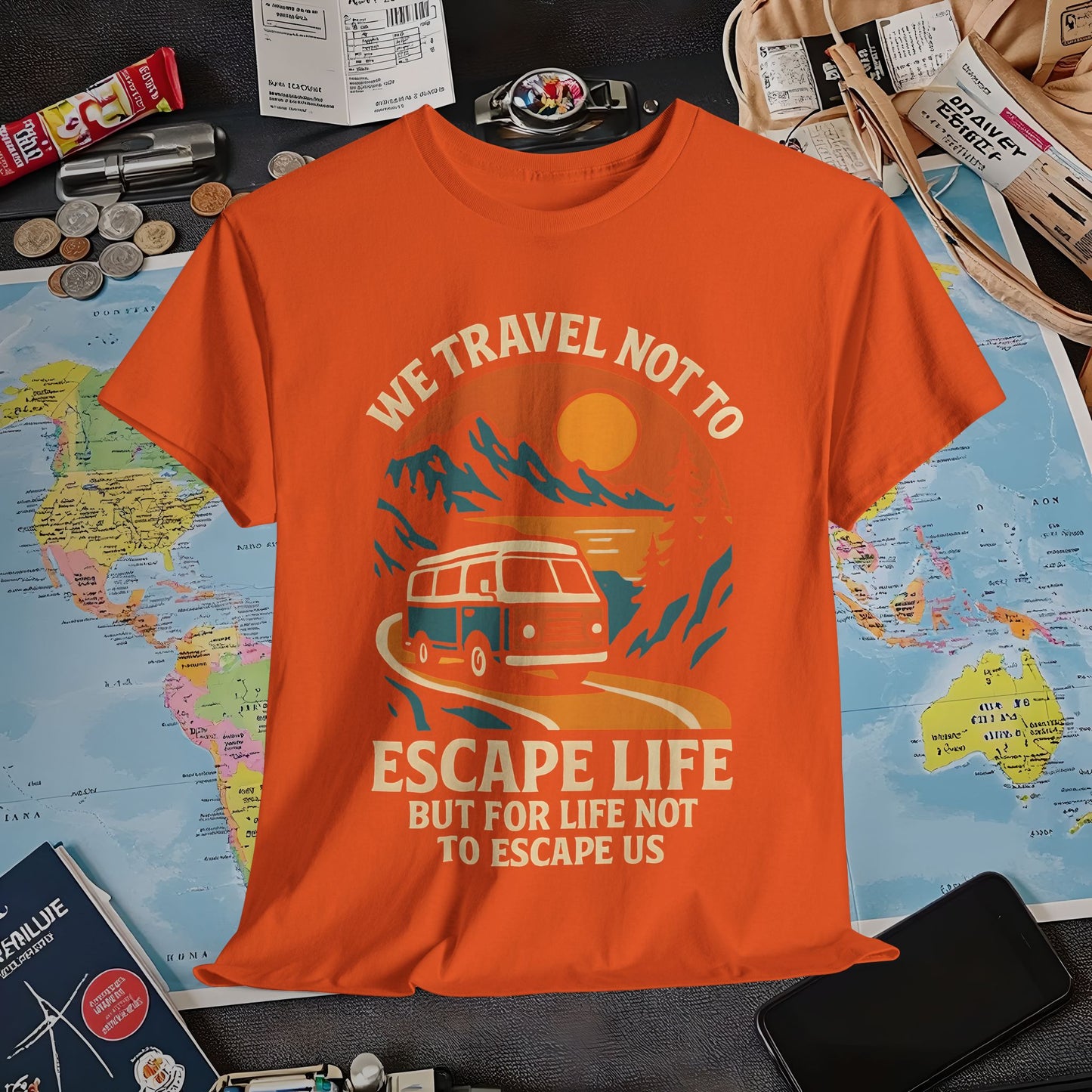 Travel Not to Escape Life – Retro Van & Sunset Road Adventure Tee | Layover Club Air Travel T-Shirts | Jetsetter, Airport, and International Flight Tees