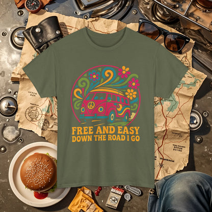 Free and Easy T-Shirt – Retro Hippie Van with Floral Freedom Vibes