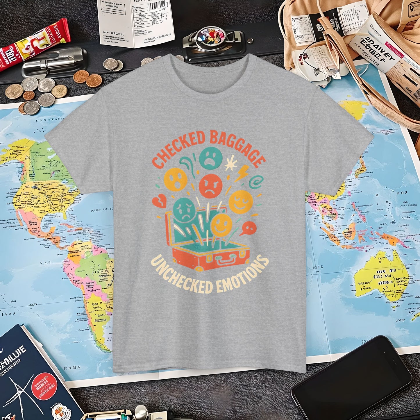 Checked Baggage Unchecked Emotions T-Shirt – Vintage Emoticons Luggage Travel Tee for Emotional Travelers Air Travel T-Shirts | Jetsetter, Airport, and International Flight Tees