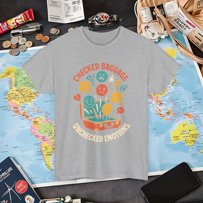 Checked Baggage Unchecked Emotions T-Shirt – Vintage Emoticons Luggage Travel Tee for Emotional Travelers Air Travel T-Shirts | Jetsetter, Airport, and International Flight Tees