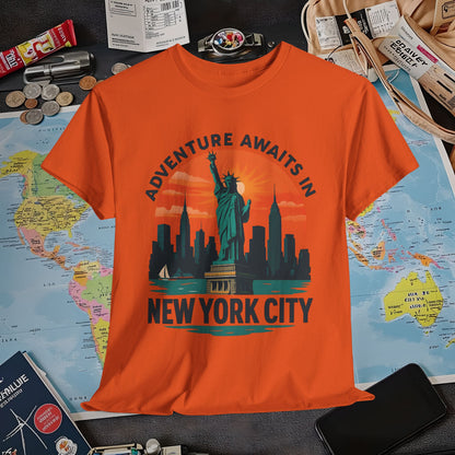 Adventure Awaits in New York City T-Shirt – Sunset Skyline with Statue of Liberty Design Air Travel T-Shirts | Jetsetter, Airport, and International Flight Tees