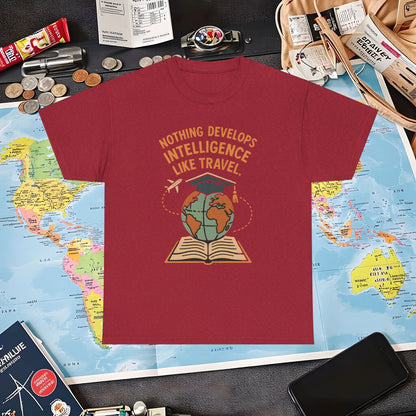 Nothing Develops Intelligence Like Travel – Globe Graduation Wisdom Tee | Layover Club Air Travel T-Shirts | Jetsetter, Airport, and International Flight Tees