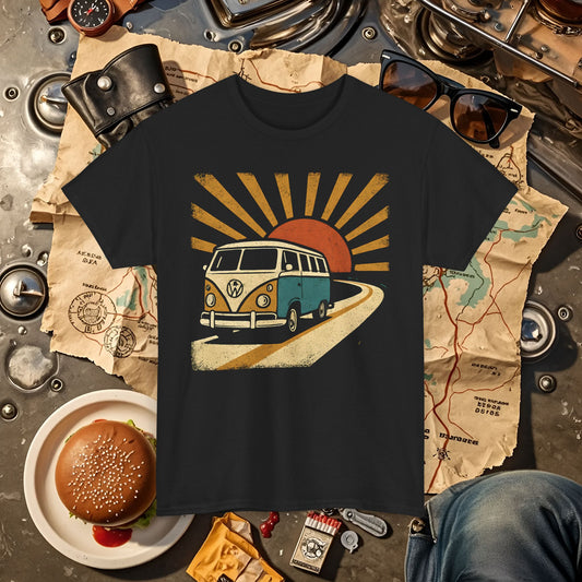 Sunset Road Trip T-Shirt – Vintage VW Van Adventure Design