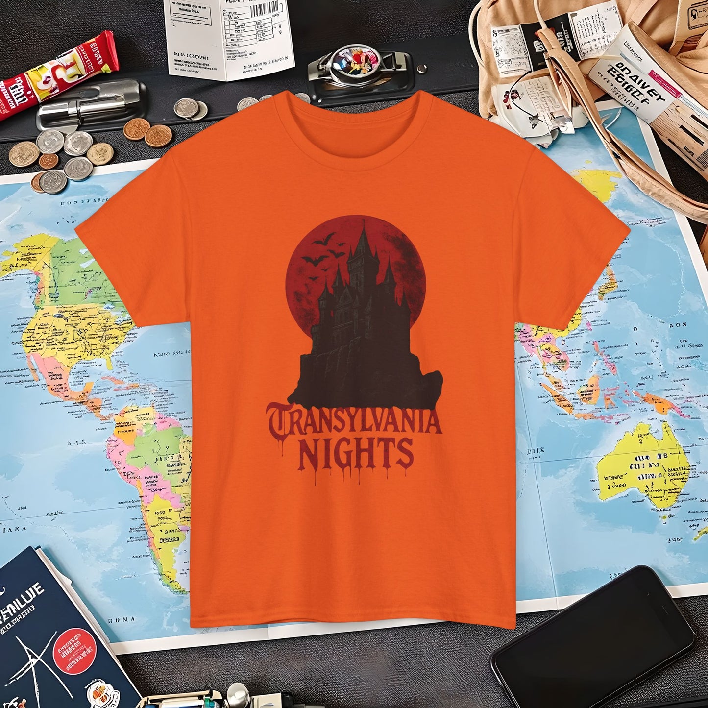 Transylvania Nights Tee – Gothic Castle Under Crimson Moon | Layover Club Air Travel T-Shirts | Jetsetter, Airport, and International Flight Tees
