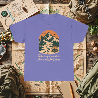 Take Only Memories, Leave Only Footprints — Sunset Mountain Trail Adventure Badge T-Shirt | Camping, Hiking, Rafting & Kayaking Tees for Nature Lovers