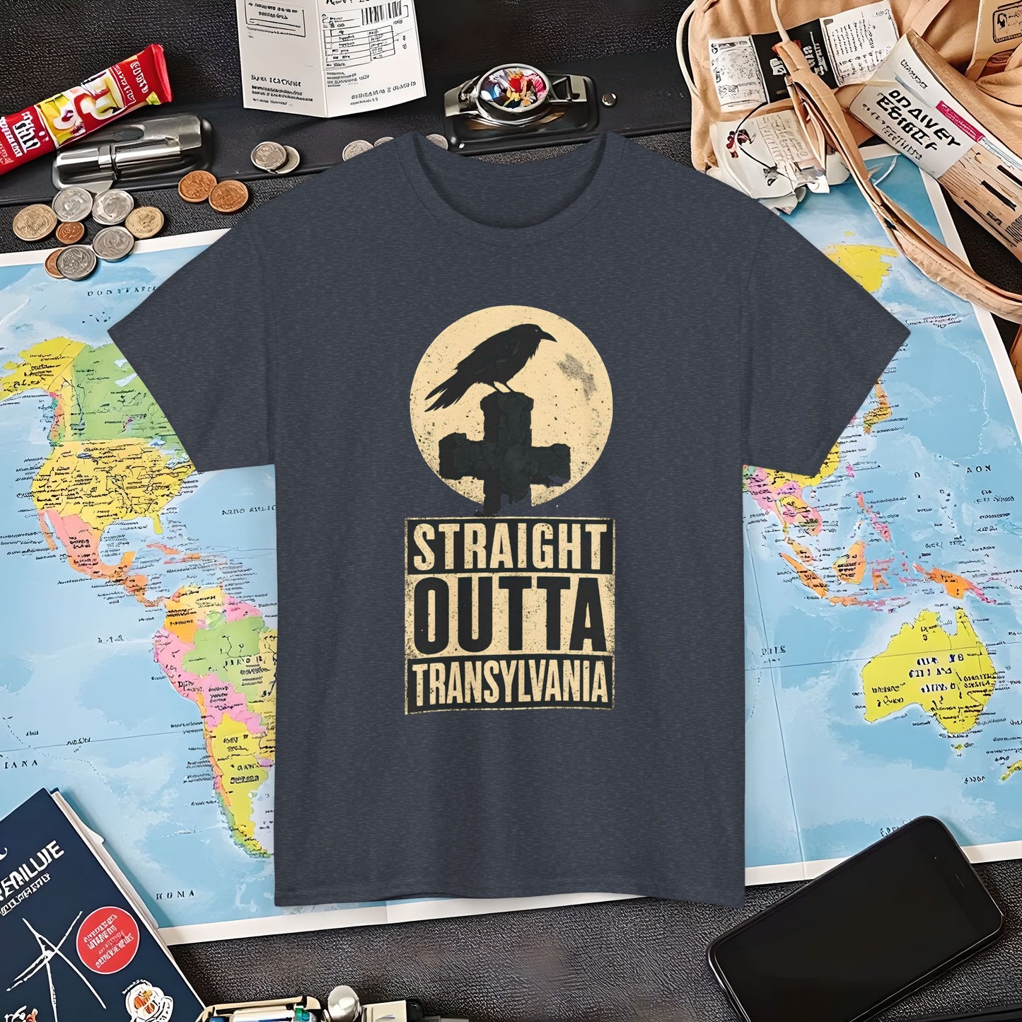 Straight Outta Transylvania Raven Cross Tee – Gothic Travel Romania Shirt | Layover Club Air Travel T-Shirts | Jetsetter, Airport, and International Flight Tees