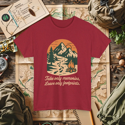 Take Only Memories, Leave Only Footprints — Sunset Mountain Trail Adventure Badge T-Shirt | Camping, Hiking, Rafting & Kayaking Tees for Nature Lovers
