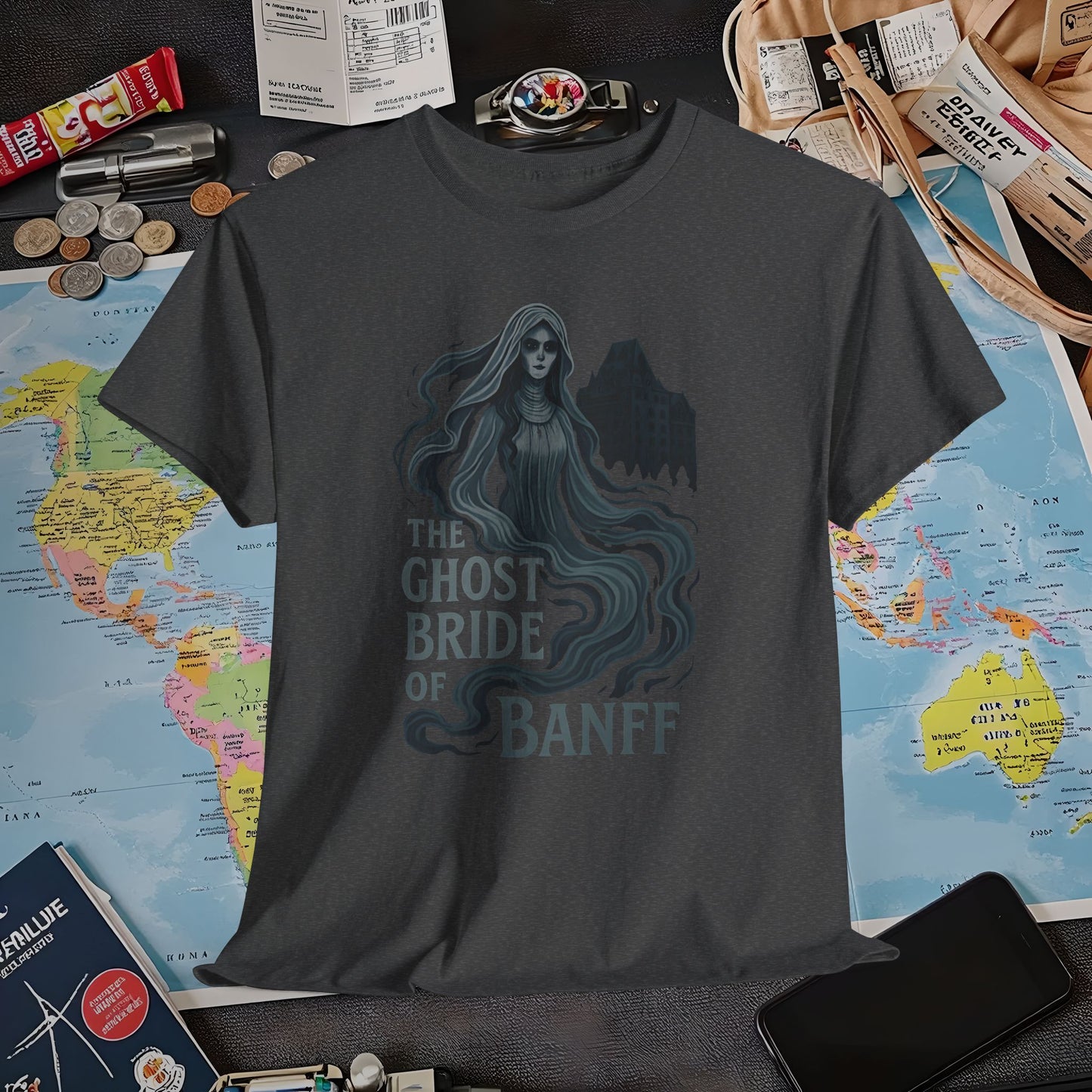 Ghostly Bride at Banff Springs Hotel Shirt – Haunted Canadian Hotel Dark Tourism Tee | Layover Club Air Travel T-Shirts | Jetsetter, Airport, and International Flight Tees