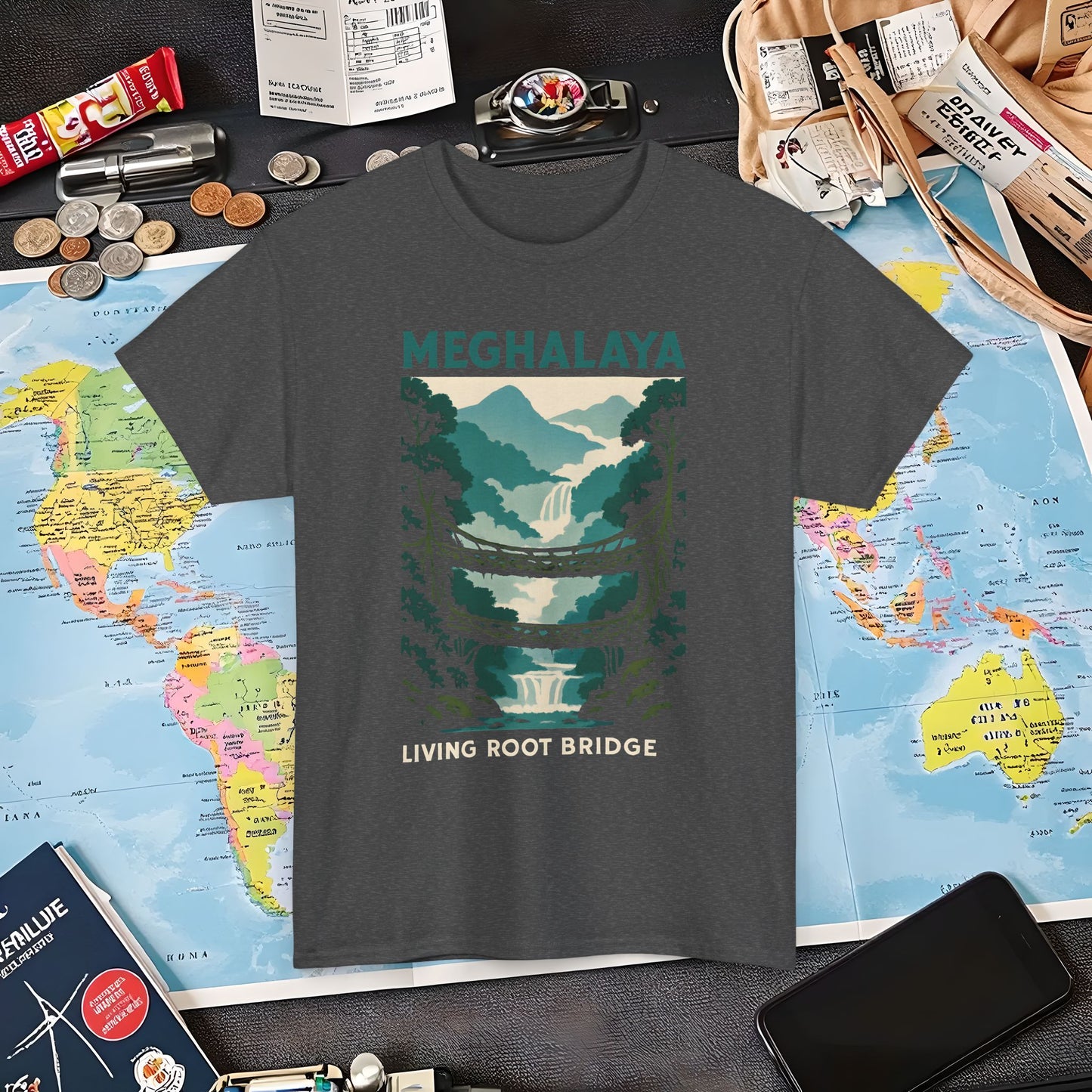 Living Root Bridges of Meghalaya – Hidden India Nature Adventure Tee Air Travel T-Shirts | Jetsetter, Airport, and International Flight Tees