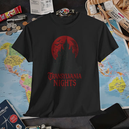 Transylvania Nights Tee – Gothic Castle Under Crimson Moon | Layover Club Air Travel T-Shirts | Jetsetter, Airport, and International Flight Tees