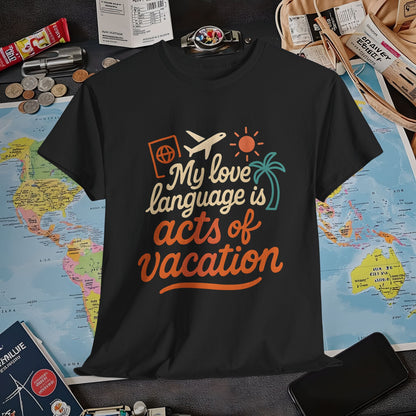 My Love Language Is Acts of Vacation – Retro Travel Love Tee | Layover Club Air Travel T-Shirts | Jetsetter, Airport, and International Flight Tees
