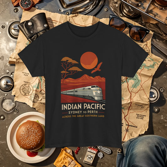 Australian Indian Pacific – Art Deco Desert Crossing Train Tee Road Trip & Vehicle Travel T-Shirts | Car, RV, and Motorcycle Adventure Tees