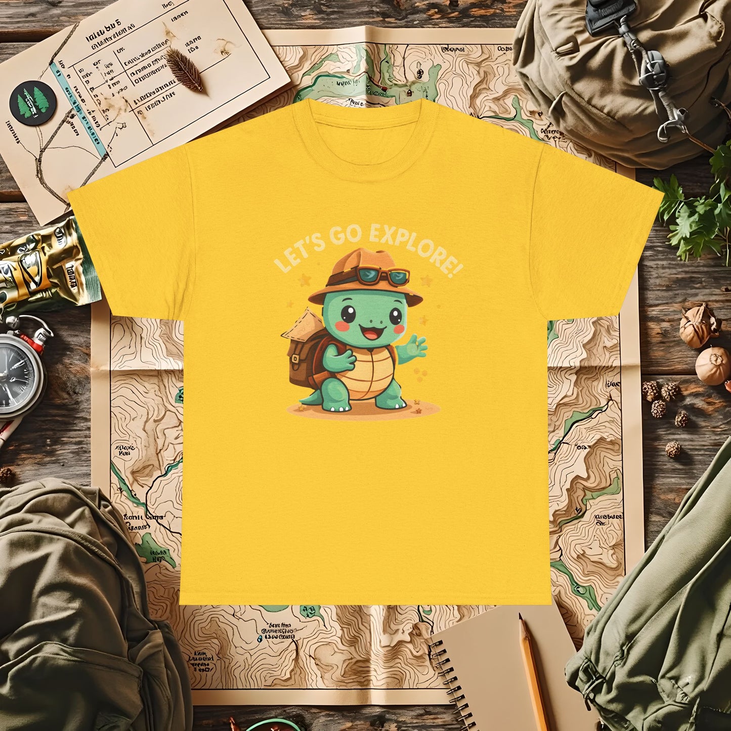 Let’s Go Explore T-Shirt – Cute Turtle Explorer with Travel Gear Design | Camping, Hiking, Rafting & Kayaking Tees for Nature Lovers