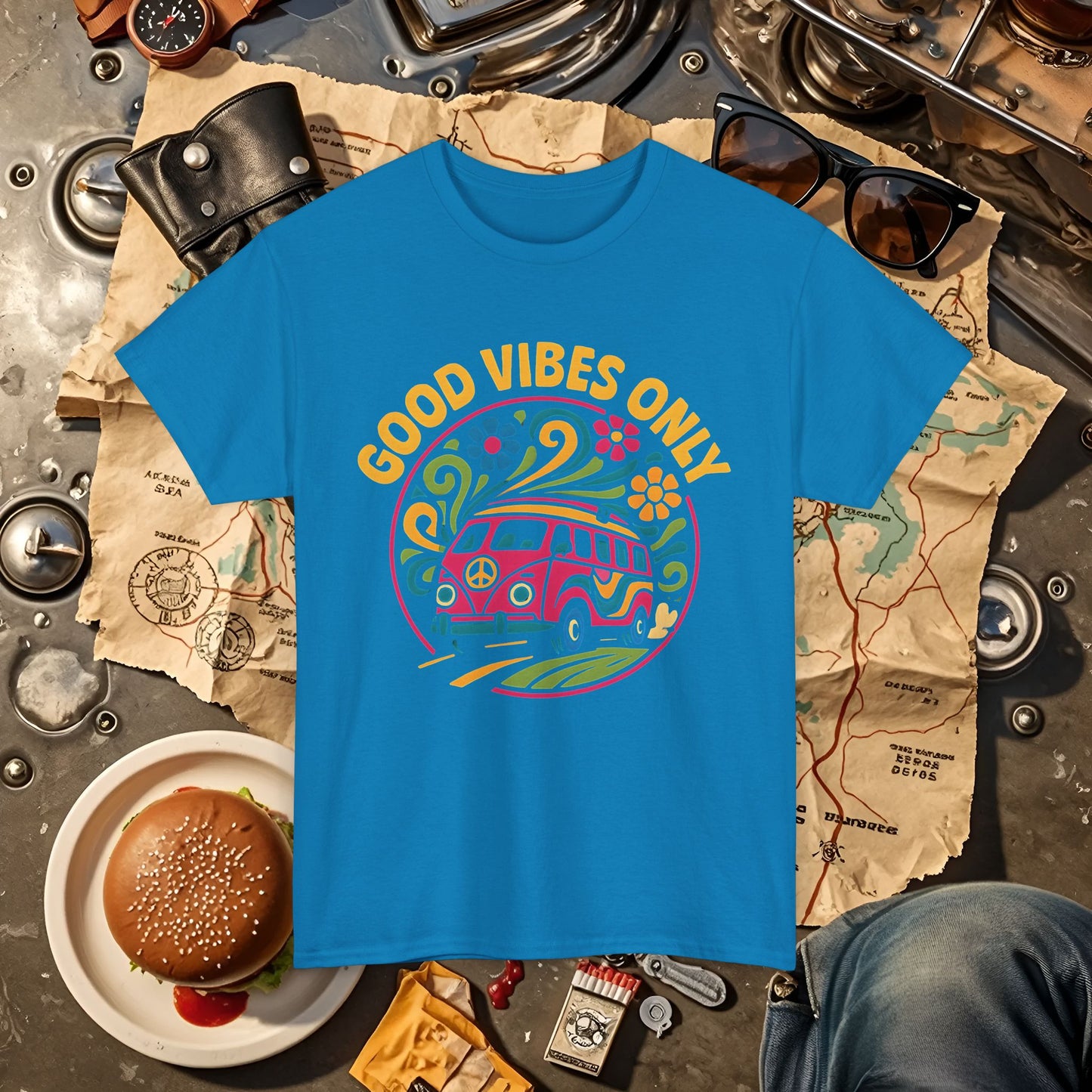 Good Vibes Only T-Shirt – Retro Hippie Van with 70s-Inspired Positivity Road Trip & Vehicle Travel T-Shirts | Car, RV, and Motorcycle Adventure Tees