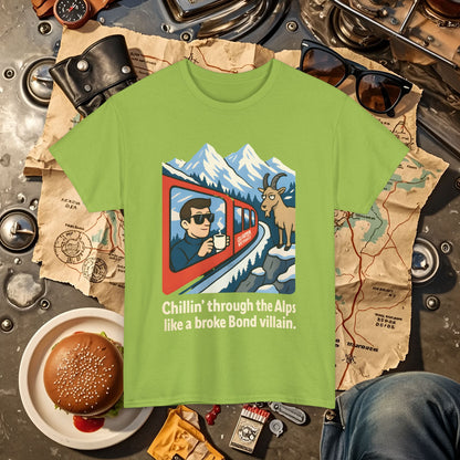 Glacier Express Chill Tee – Skeptical Goat in the Alps Vibe Road Trip & Vehicle Travel T-Shirts | Car, RV, and Motorcycle Adventure Tees