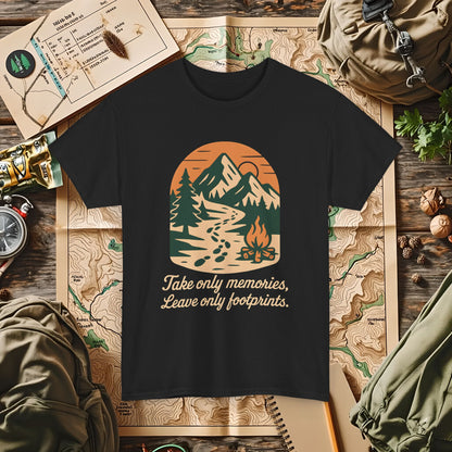 Take Only Memories, Leave Only Footprints — Sunset Mountain Trail Adventure Badge T-Shirt | Camping, Hiking, Rafting & Kayaking Tees for Nature Lovers