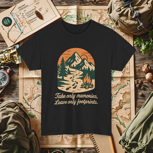 Take Only Memories, Leave Only Footprints — Sunset Mountain Trail Adventure Badge T-Shirt | Camping, Hiking, Rafting & Kayaking Tees for Nature Lovers
