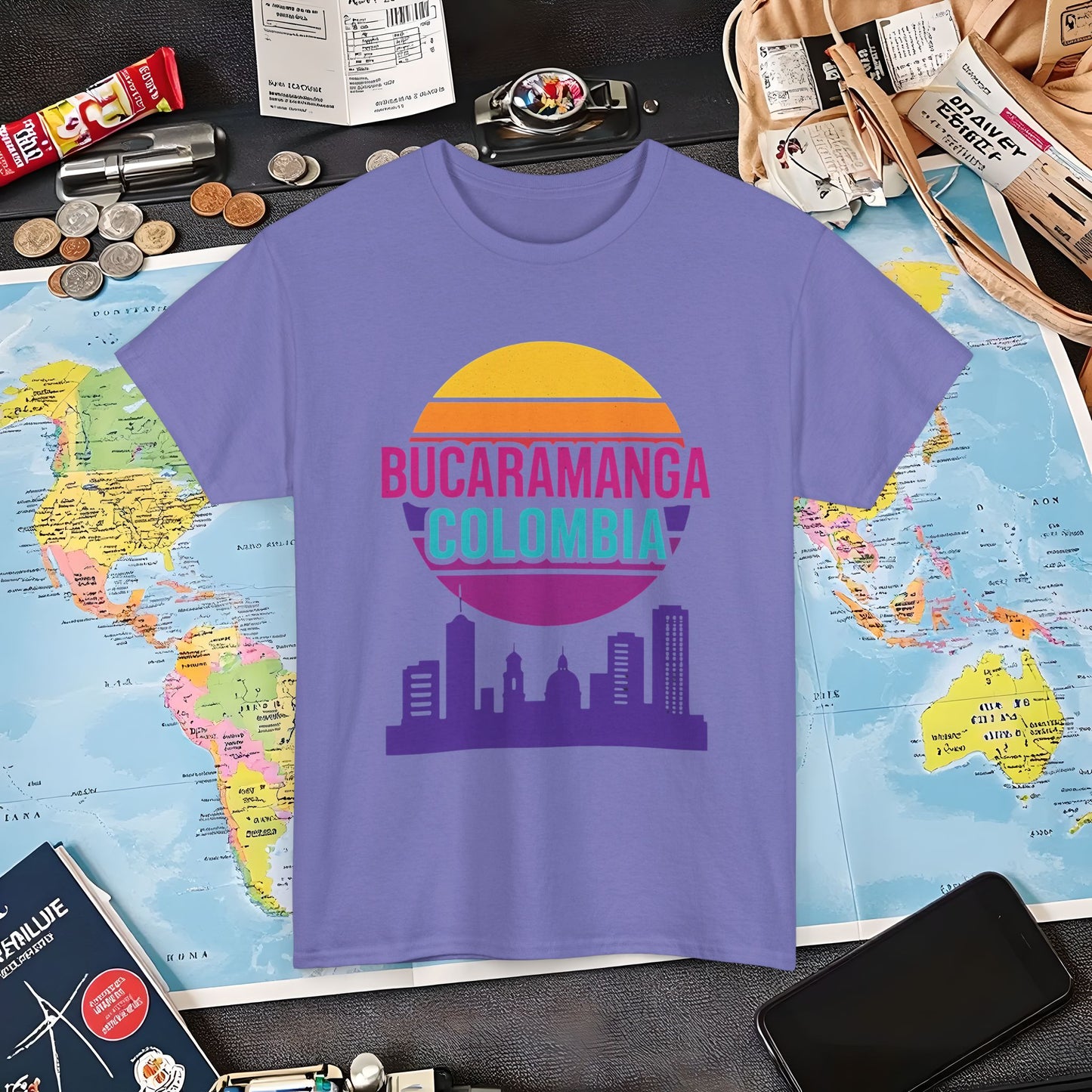Retro Bucaramanga Skyline Sunset Tee – Vintage Colombia Travel Shirt| Layover Club Air Travel T-Shirts | Jetsetter, Airport, and International Flight Tees