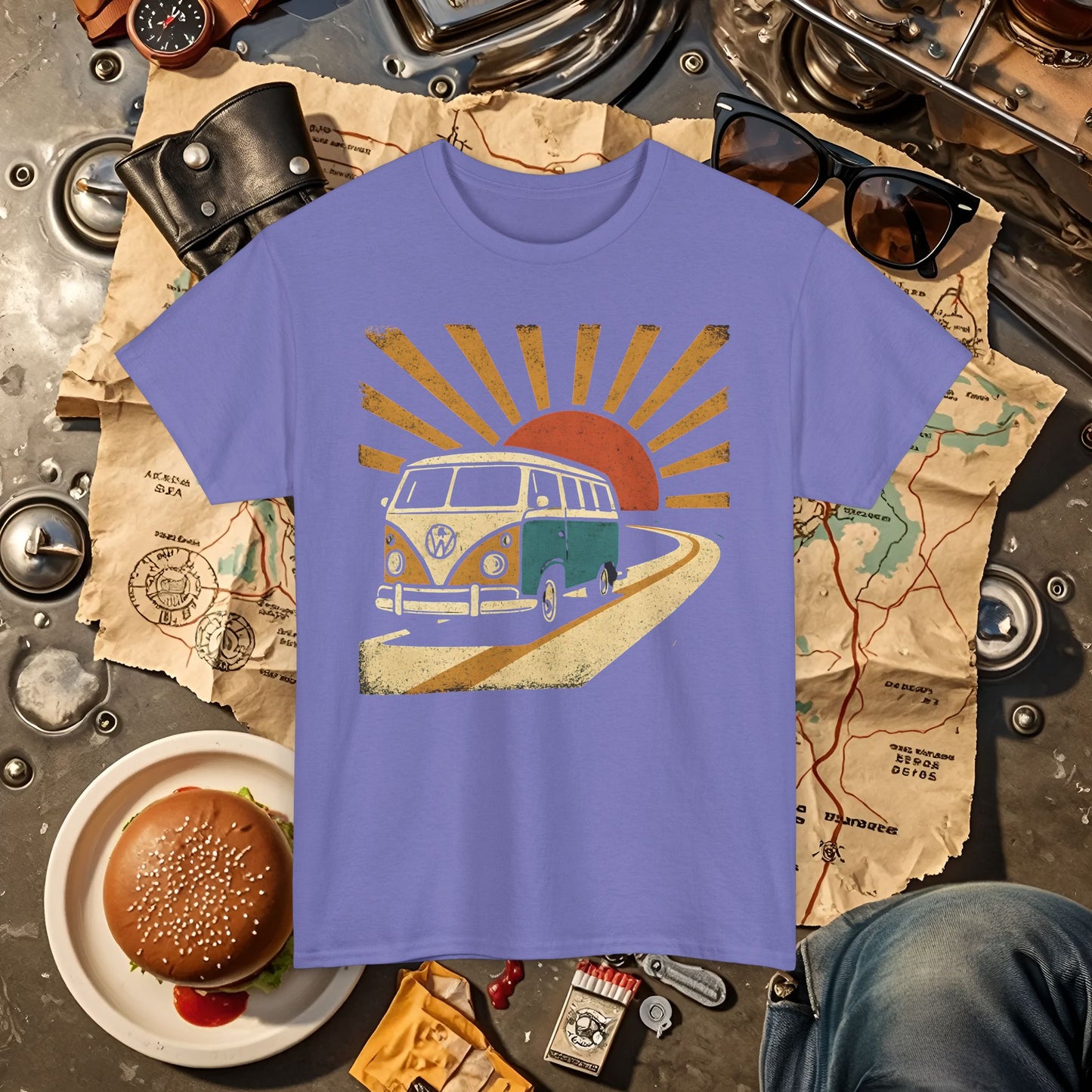 Sunset Road Trip T-Shirt – Vintage VW Van Adventure Design
