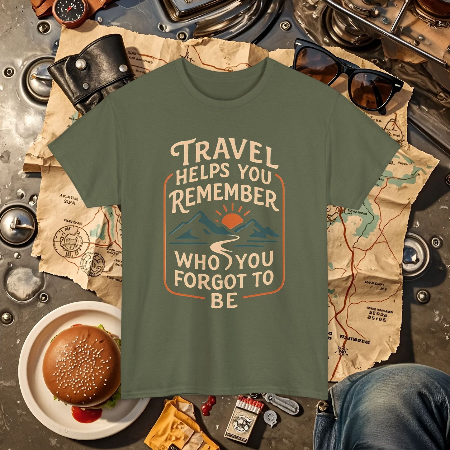 Travel Helps You Remember Who You Forgot to Be Tee – Retro Mountain Road Quote Shirt Road Trip & Vehicle Travel T-Shirts | Car, RV, and Motorcycle Adventure Tees