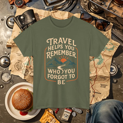 Travel Helps You Remember Who You Forgot to Be Tee – Retro Mountain Road Quote Shirt Road Trip & Vehicle Travel T-Shirts | Car, RV, and Motorcycle Adventure Tees