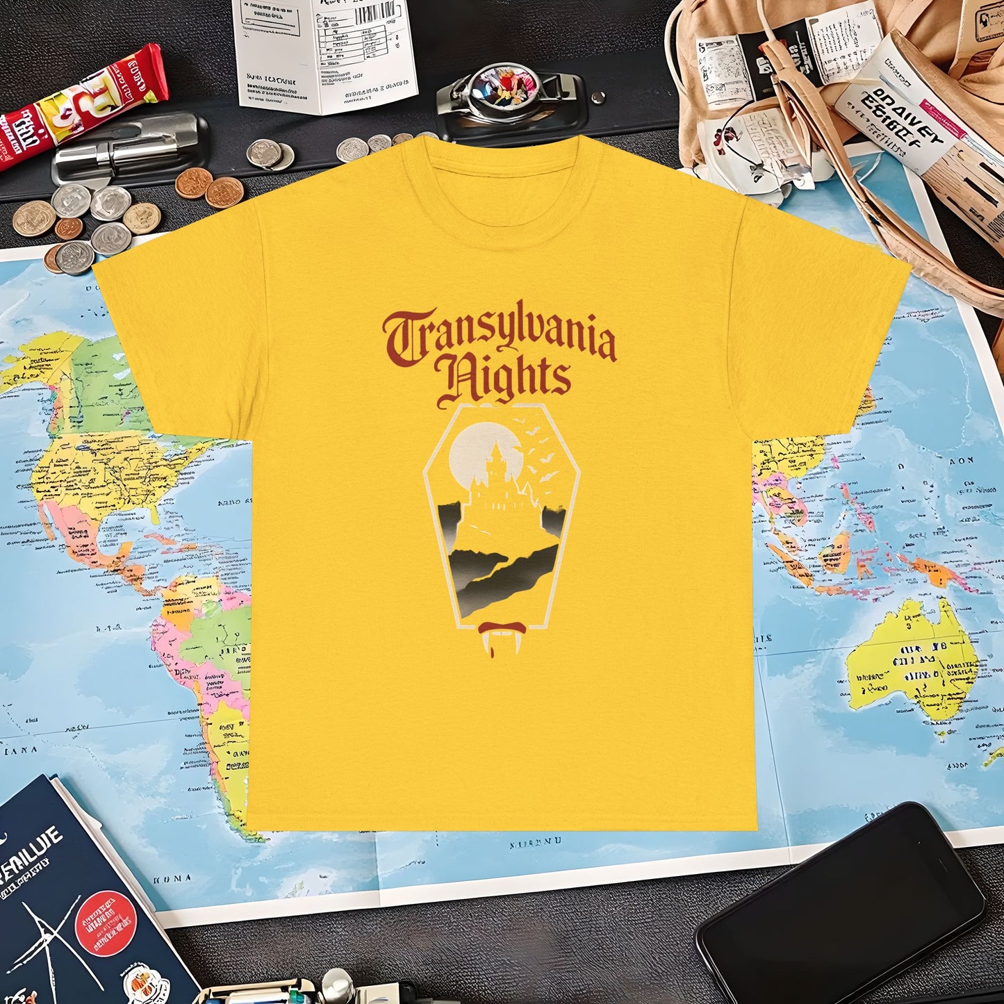 Transylvania Nights Gothic Castle Silhouette Tee – Dark Travel Romania Shirt | Layover Club Air Travel T-Shirts | Jetsetter, Airport, and International Flight Tees
