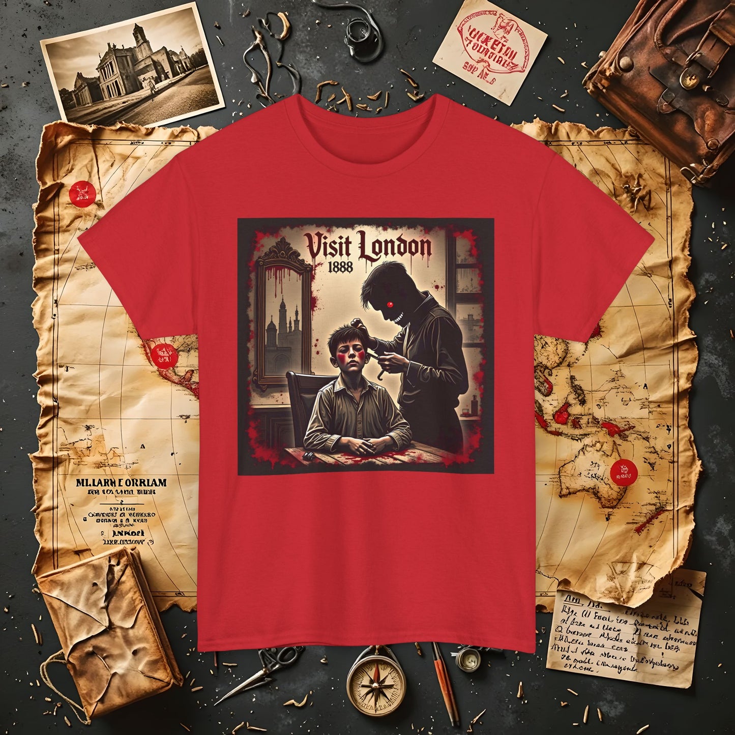 Visit London 1888 T-Shirt – Victorian Horror with Jack the Ripper and Evil Barber Art