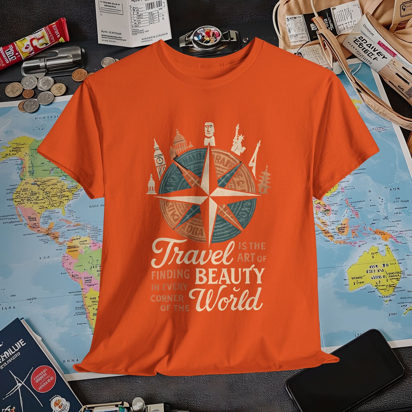 Travel Is the Art of Finding Beauty – Vintage Compass Rose & World Landmark Tee | Layover Club Air Travel T-Shirts | Jetsetter, Airport, and International Flight Tees