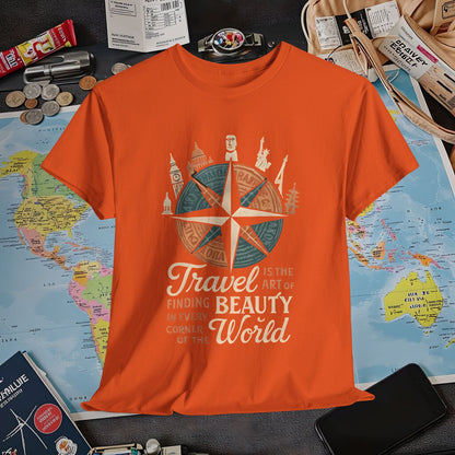 Travel Is the Art of Finding Beauty – Vintage Compass Rose & World Landmark Tee | Layover Club Air Travel T-Shirts | Jetsetter, Airport, and International Flight Tees