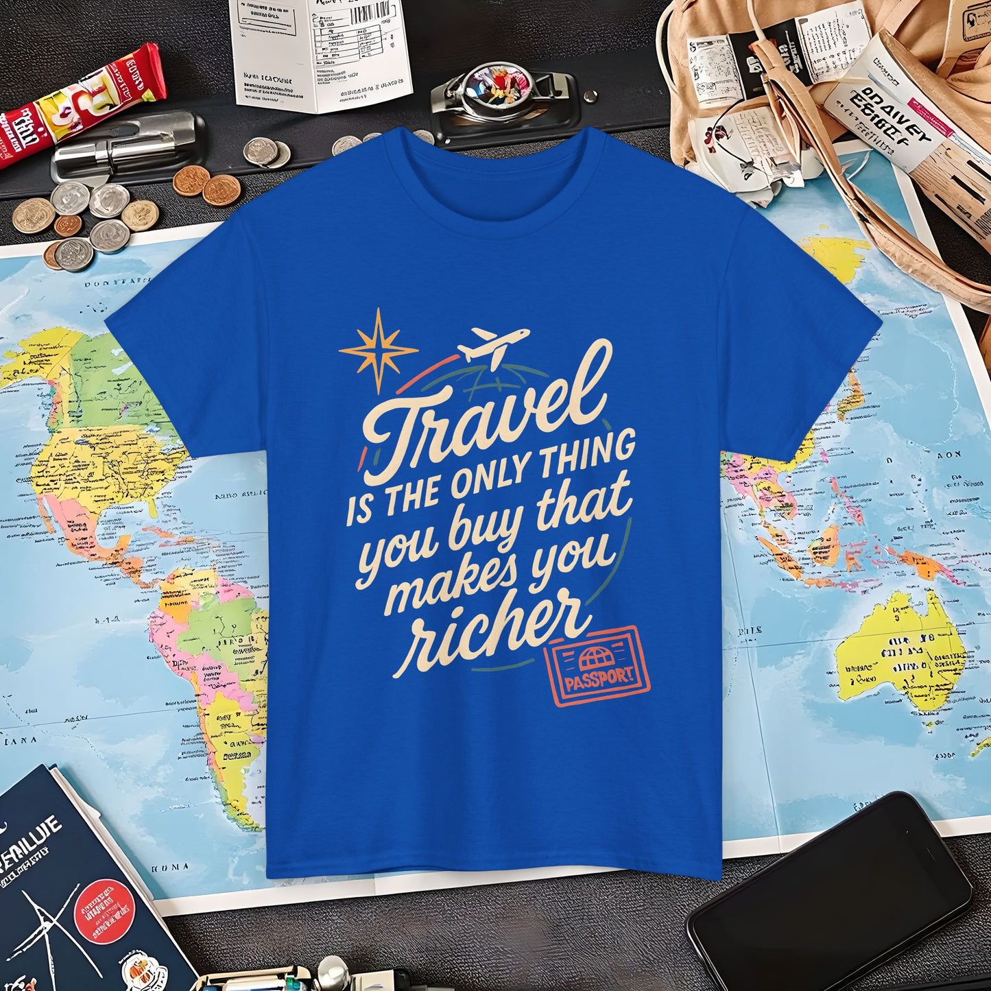 Travel Makes You Richer Tee – Vintage Globe & Airplane Quote Shirt Air Travel T-Shirts | Jetsetter, Airport, and International Flight Tees