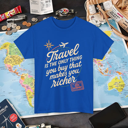 Travel Makes You Richer Tee – Vintage Globe & Airplane Quote Shirt Air Travel T-Shirts | Jetsetter, Airport, and International Flight Tees