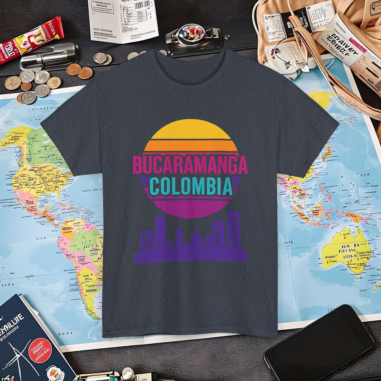 Retro Bucaramanga Skyline Sunset Tee – Vintage Colombia Travel Shirt| Layover Club Air Travel T-Shirts | Jetsetter, Airport, and International Flight Tees