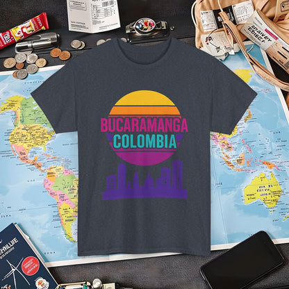 Retro Bucaramanga Skyline Sunset Tee – Vintage Colombia Travel Shirt| Layover Club Air Travel T-Shirts | Jetsetter, Airport, and International Flight Tees