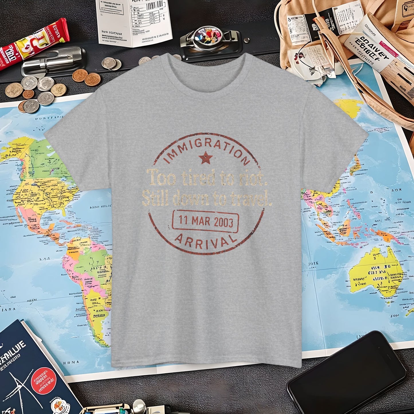 Too Tired to Riot, Still Down to Travel – Vintage Passport Stamp Travel Quote Tee Air Travel T-Shirts | Jetsetter, Airport, and International Flight Tees