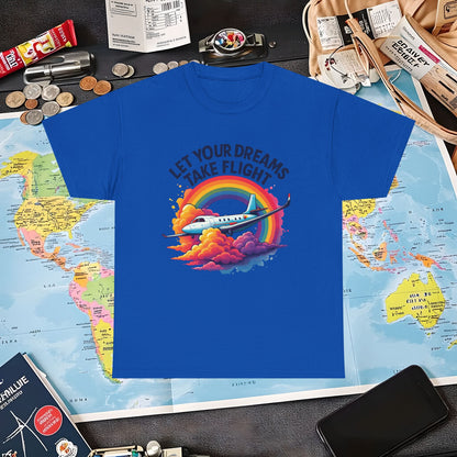 Let Your Dreams Take Flight T-Shirt – Airplane with Rainbow Trail Design Air Travel T-Shirts | Jetsetter, Airport, and International Flight Tees