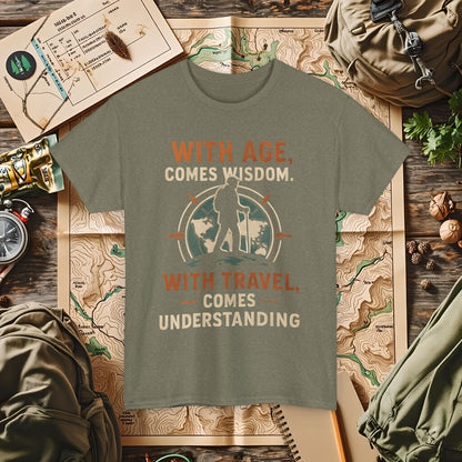 With Age Comes Wisdom, With Travel Comes Understanding Tee – Explorer Compass Design | Camping, Hiking, Rafting & Kayaking Tees for Nature Lovers