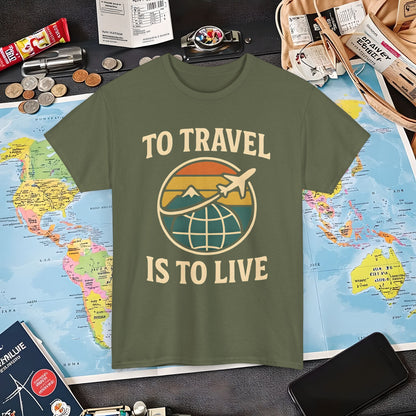To Travel Is To Live – Vintage Globe & Airplane Travel Badge Tee (Layover Club) Air Travel T-Shirts | Jetsetter, Airport, and International Flight Tees
