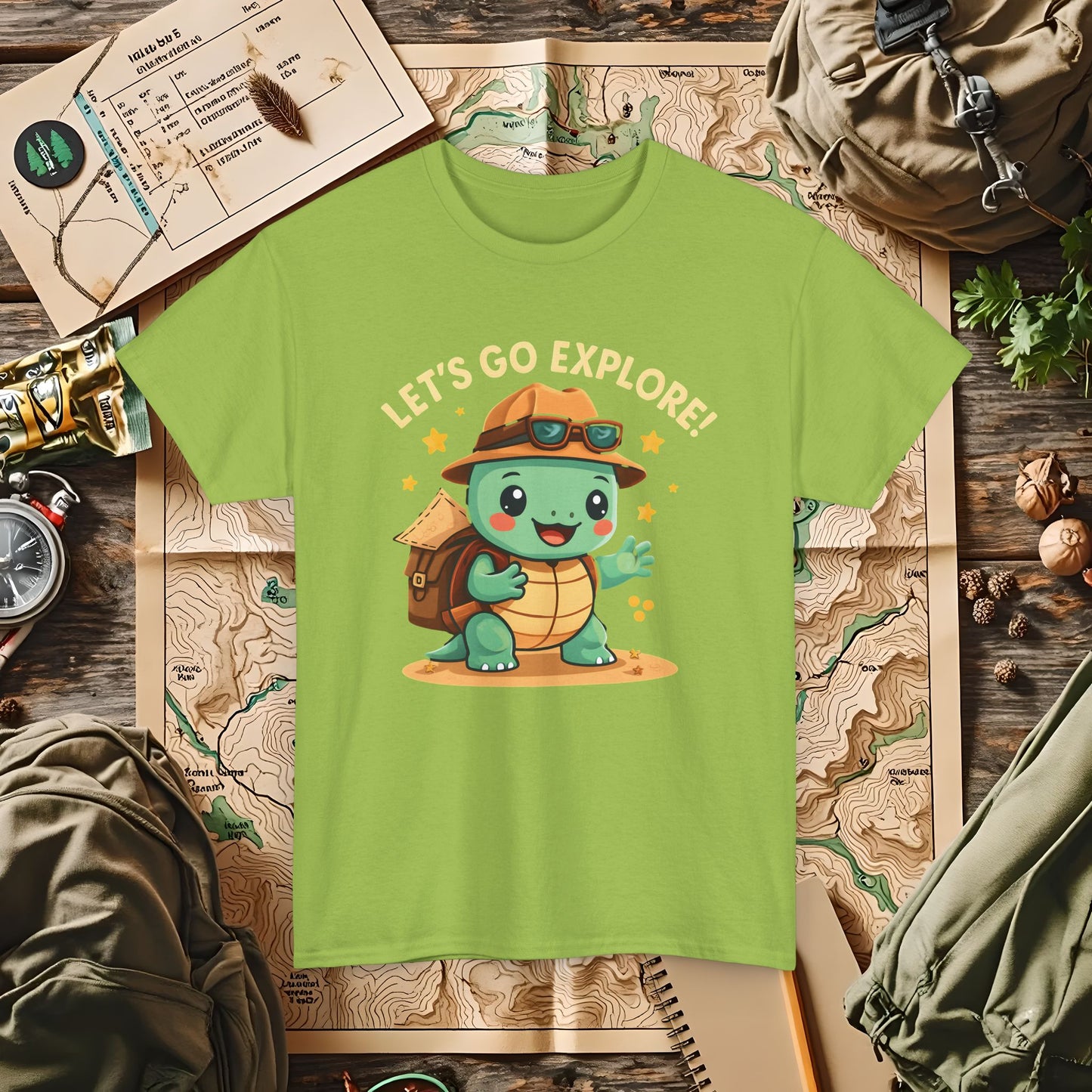 Let’s Go Explore T-Shirt – Cute Turtle Explorer with Travel Gear Design | Camping, Hiking, Rafting & Kayaking Tees for Nature Lovers