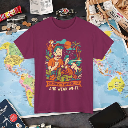 Cursed with Wanderlust and Weak Wi-Fi – Funny Tropical Traveler Frustration Tee Travel T-Shirts | Jetsetter, Airport, and International Flight Tees