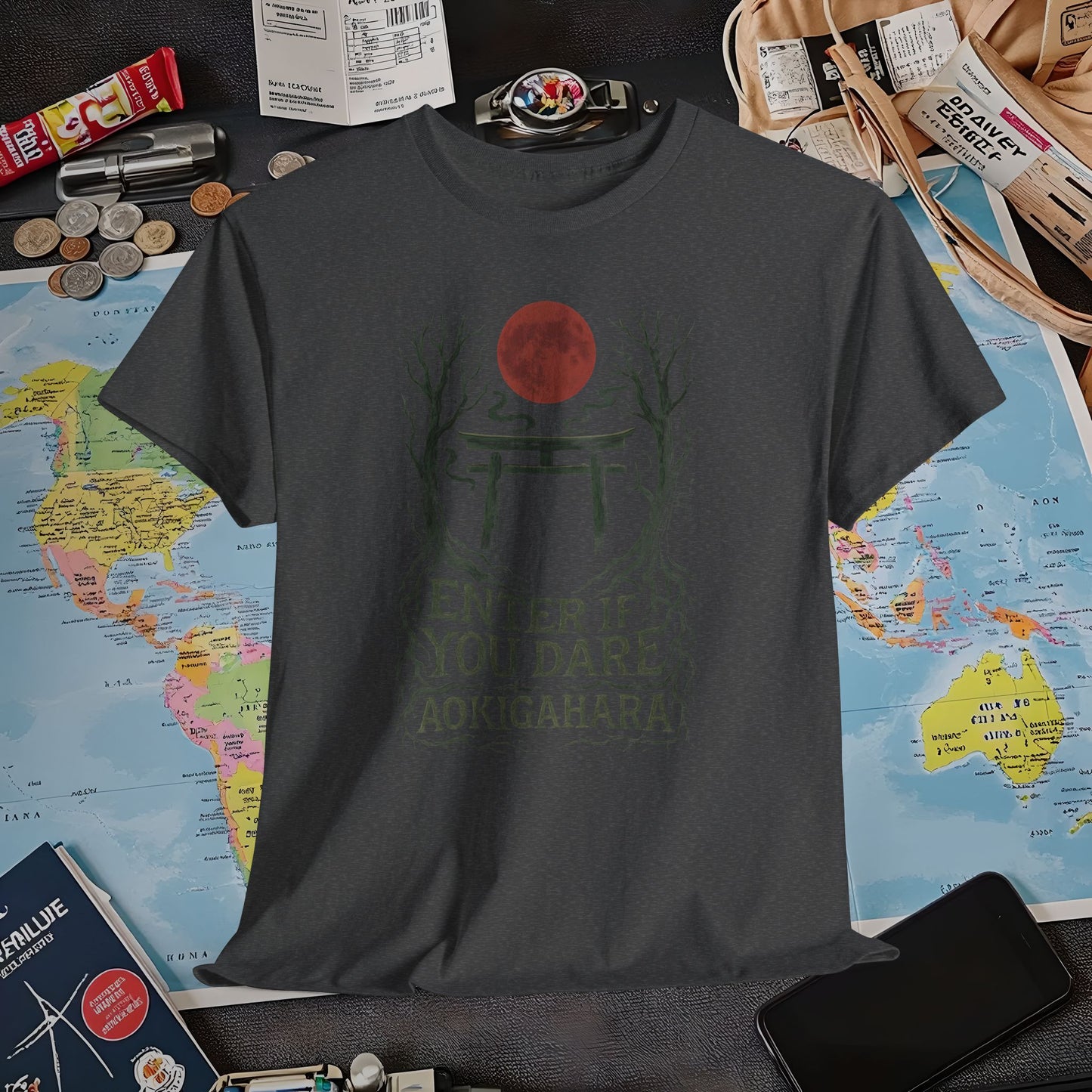 Aokigahara Torii Path Under Blood Moon Tee | Layover Club Air Travel T-Shirts | Jetsetter, Airport, and International Flight Tees